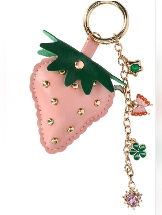 No Boundaries Other - No Boundaries Pink Strawberry Charm Keychain with Green Leaves & Gold Accents